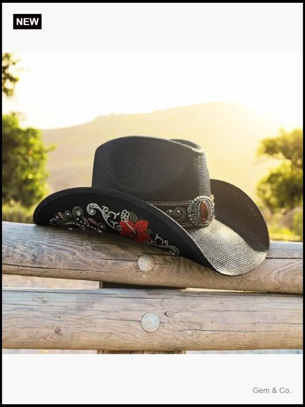 Embroidered Straw Cowboy Hat with Floral Design